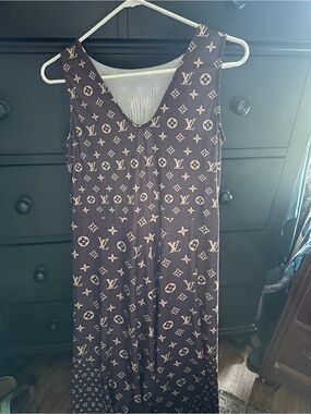 Brown Maxi Dress with Beige Monogram